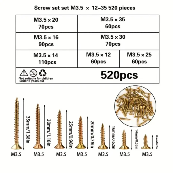 520pcs Countersunk Self-Tapping Screws Set